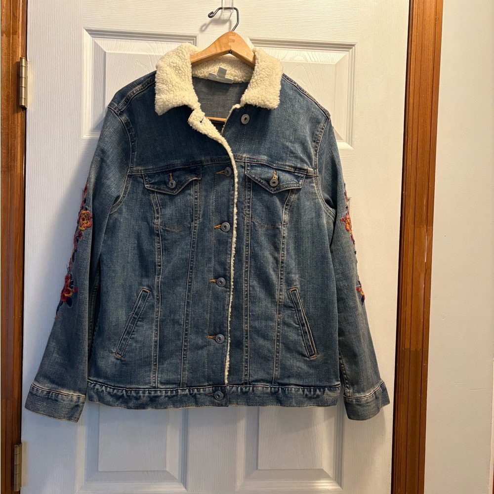 Style & Co Embroidered Stretch Denim Jean Jacket Women’s L ~ EUC